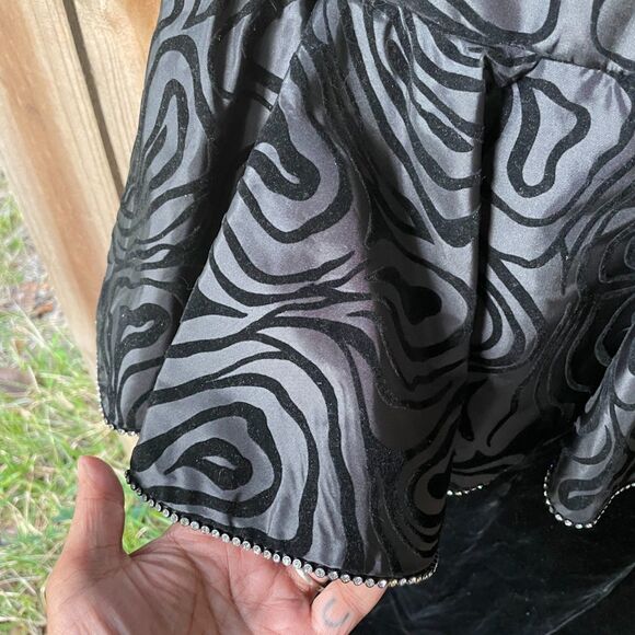 Vintage 80s AJ BARI Strapless Dress PEPLUM Velvet Flocked Taffeta Rhinestones S - Picture 3 of 10